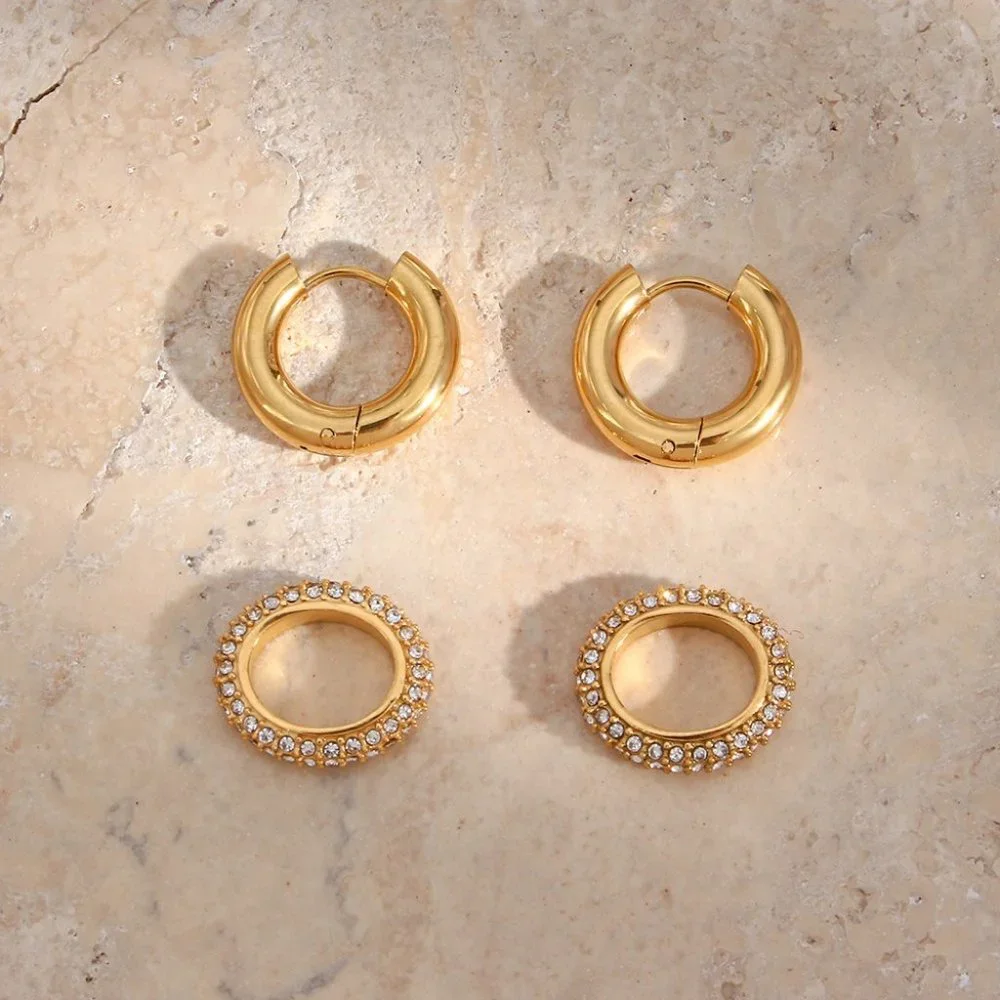 Chunky Micro Pave Zircon Double Hoop Earrings 18K Gold Plated Stainless Steel - Picture 7 of 10